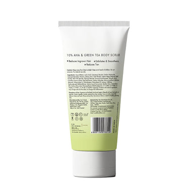 mCaffeine 10% AHA & Green Tea Body Scrub for Tan Removal & Soft-Smooth Skin | For Women & Men | De-Tan Bathing Scrub with Coconut Oil, Removes Dirt & Dead Skin from Neck, Knees, Elbows & Arms
